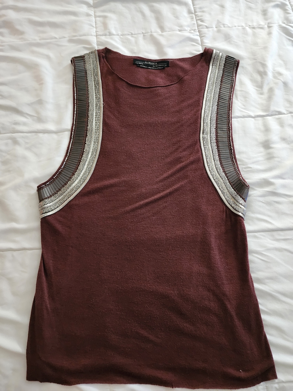 All Saints Wine Sleeveless Knit Tank with Metallic Trim